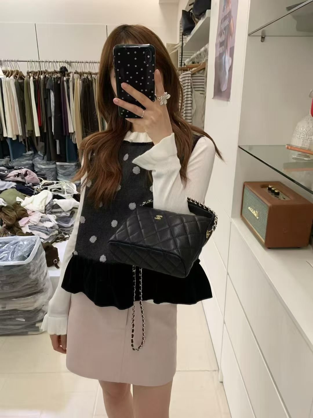 Eter 26韩系甜美波点羊毛拼丝绒女设计感小众显瘦无袖上衣背心图片