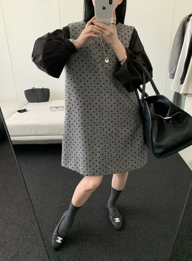 Eter 24韩秋季温柔灰色波点无袖背心连衣裙女复古格雷系丝绒裙子