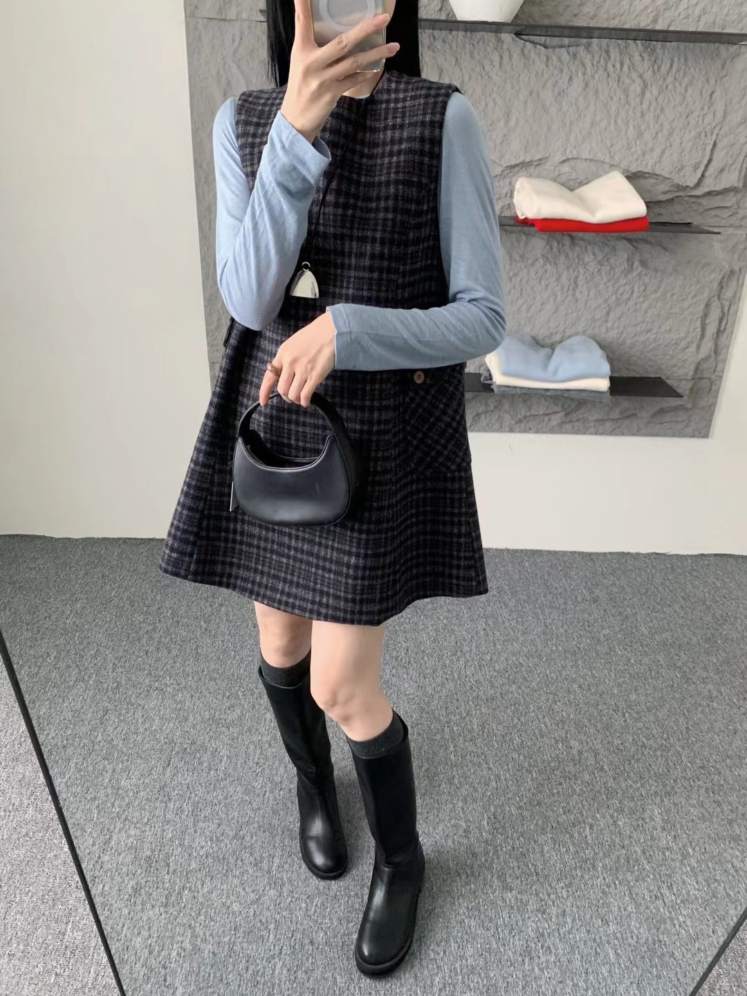 Eter 25韩春季新款小香风复古格子羊毛呢背心裙小个子a字连衣裙女
