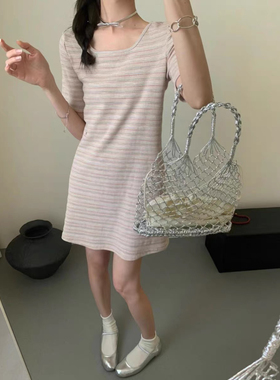Eter 24韩夏季新款小个子条纹针织连衣裙女修身显瘦短袖A字裙子潮