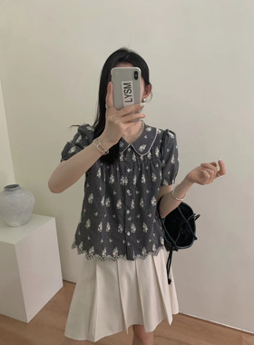 Eter 24韩夏季法式格子碎花娃娃领衬衫女泡泡袖通勤显瘦新衬衣