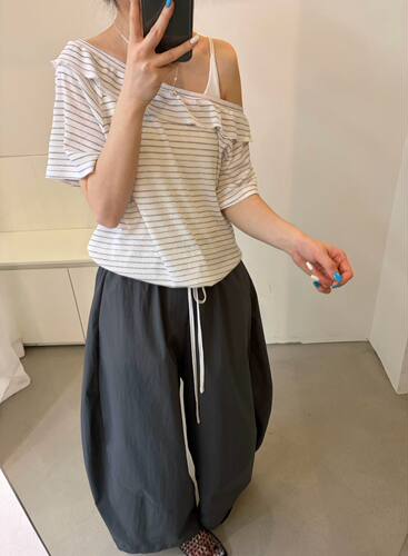 Eter夏韩系松弛纯欲风条纹抽绳短袖女设计感宽松显瘦上衣娃娃衫