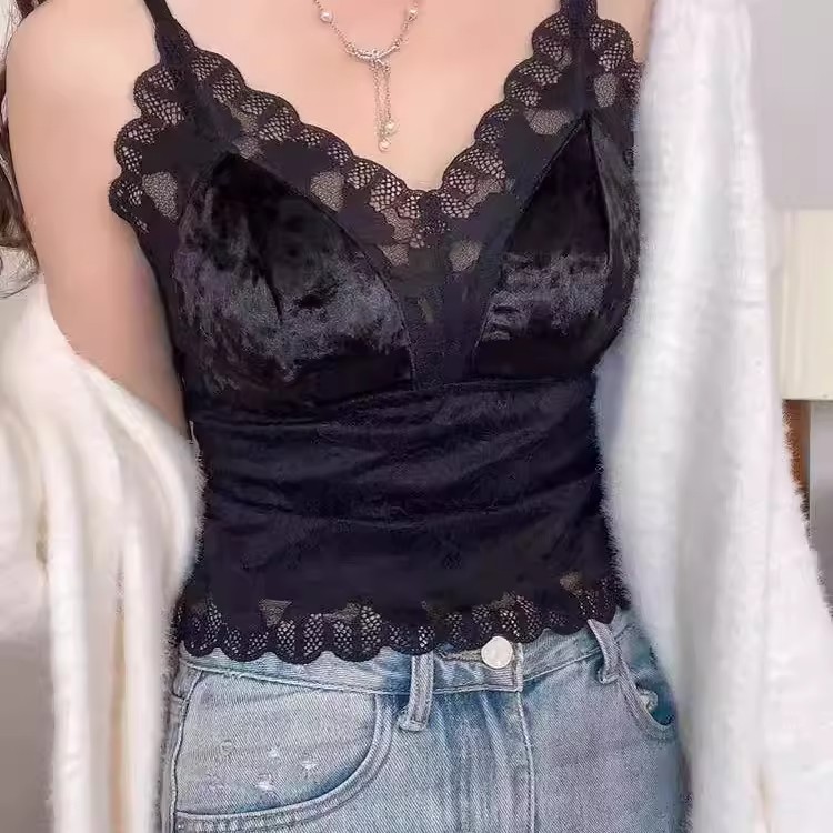 丝绒带胸垫蕾丝吊带背心美背文胸