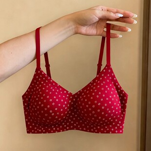 复古红色小花文胸女聚拢无痕软支撑少女舒适内衣本命年好运内衣