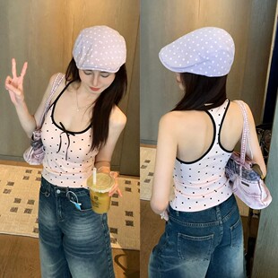 波点蝴蝶结少女风工字美背内搭吊带背心带胸垫外穿显瘦辣妹上衣夏
