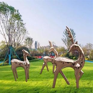 饰摆件 厂家不锈钢玫瑰金动物鹿雕塑园林景观广场草坪梅花鹿装