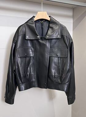 【多多还是多多】机车风黑色酷帅齐翻领外套H24-071