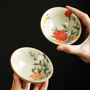 速发陶瓷手杯凌霄花茶绘斗笠杯单杯个人用专主人杯高档功夫茶具品