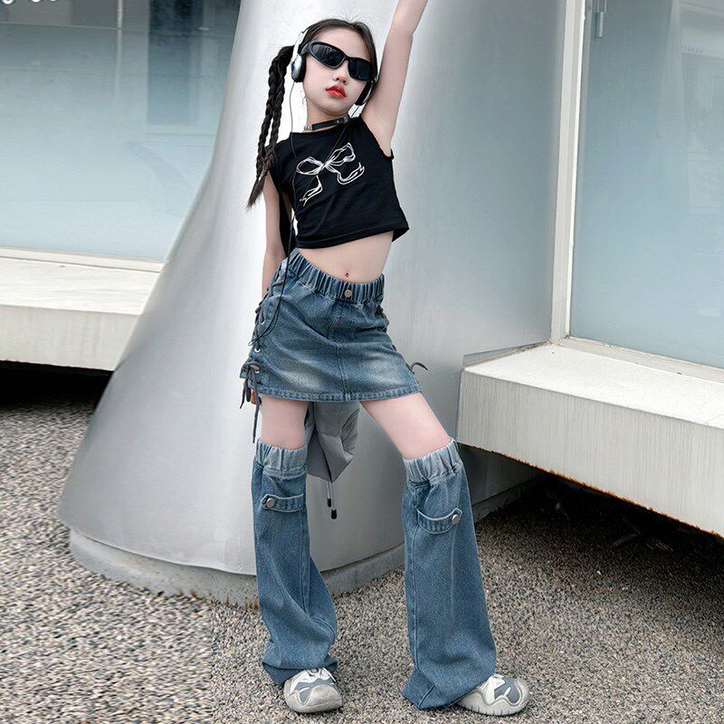 速发少儿两节牛仔裤套装爵潮流街舞表演酷帅炸街街舞孩士服舞装