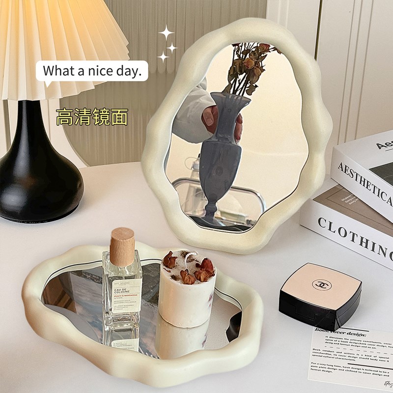 速发奶油风简约桌面化妆镜台式不公室梳妆台镜子可爱镜规则梳妆办