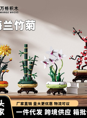 兼容高小颗粒积木花梅兰竹菊立体拼装兼容玩具中式盆栽家居