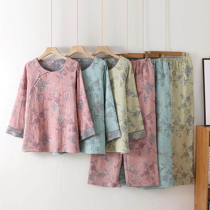 新款纯棉双层色织提花纱布女士睡衣春秋薄款七分袖圆领家居服套装,女士内衣/男士内衣/家居服,睡袍/浴袍,淘宝优惠券,粉丝福利购,淘宝优惠卷