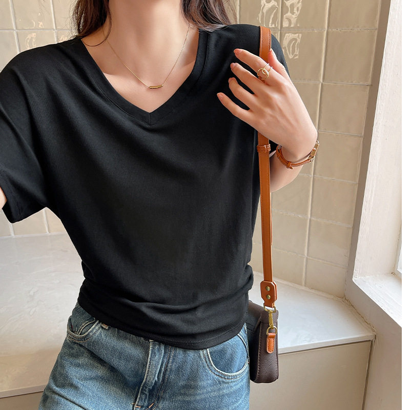 莫代尔韩版V领蝙蝠袖短袖T恤女黑色修身显瘦休闲百搭简约纯色上衣