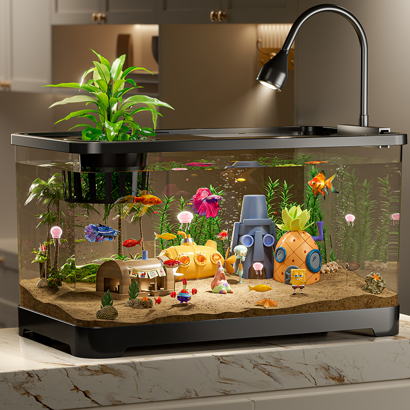 鱼缸生态水族箱塑料金鱼缸带盖透明客厅小型豪华造景乌龟缸桌面缸-封面