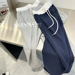 美式复古撞色拼接休闲新款运动裤女早秋直筒高腰显瘦宽松阔腿裤子