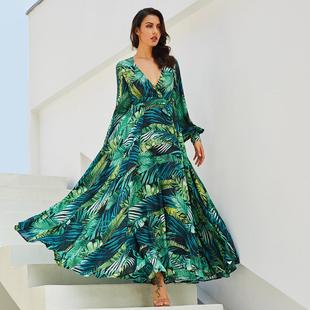 leaves long dress with lantern Womens skirt and sleeves red