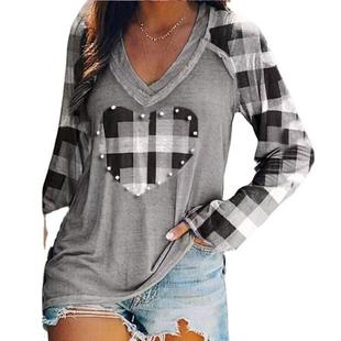 plaid top beaded Digital ladies long neck sleeved