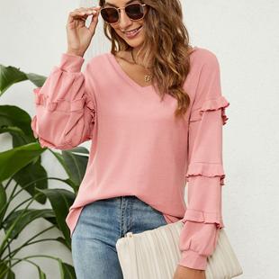 Top Ruffle Tops Ladies Waffle Womens Lantern Neck Sleeve