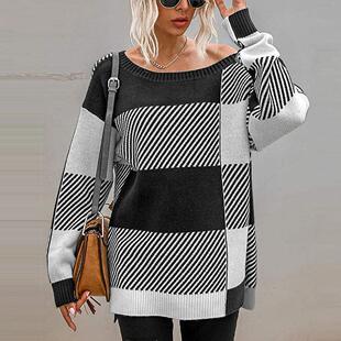 sweater loose womens cotton round plaid knit fine contrast