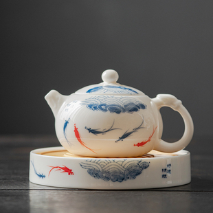 功夫白瓷泡茶器 羊脂玉手绘茶壶承陶瓷泡茶单壶家用西施壶茶具套装