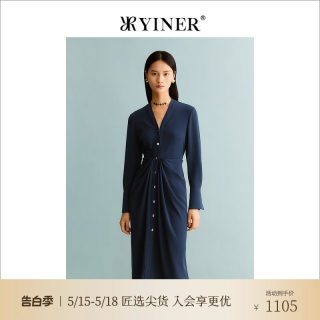 [醋酸抗皱]YINER音儿春秋优雅V领收褶显瘦连衣裙