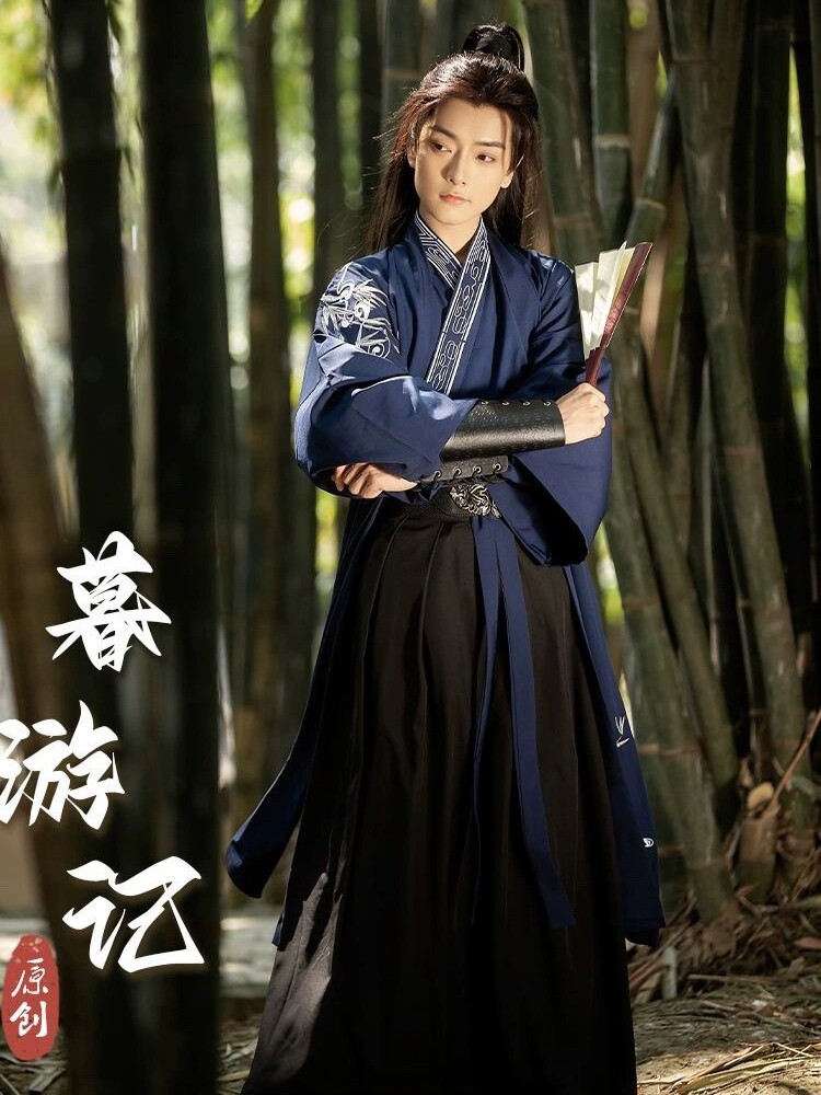 QINGSHANG의 새로운 긴 원본 HANFU 남자 송나라 CHANGGAN TEMPLE 일일 자수 2 색 횡포 한 학생 HANFU 남자 정장