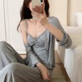 带胸垫法式 甜美纯欲风睡衣女三件套春秋季 网红风高级感灰色家居服