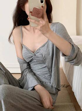 带胸垫法式甜美纯欲风睡衣女三件套春秋季网红风高级感灰色家居服