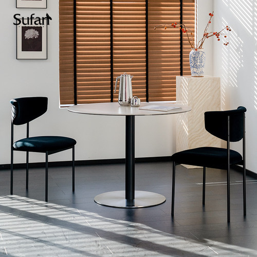 舒梵摩卡餐桌/洞石岩板圆桌/小户型中古防划防烫防渗色