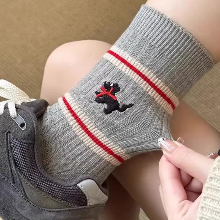 白色条纹小狗中筒袜日系卡通可爱