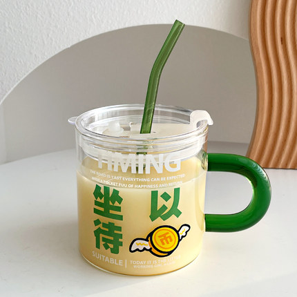600ml大容量耐热玻璃水杯家用办公室带盖牛奶杯创意印花吸管杯子