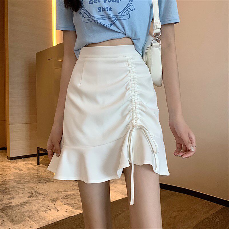 速发白色辣妹鱼小短裙设计感尾众不规则包绳半身裙抽臀半裙