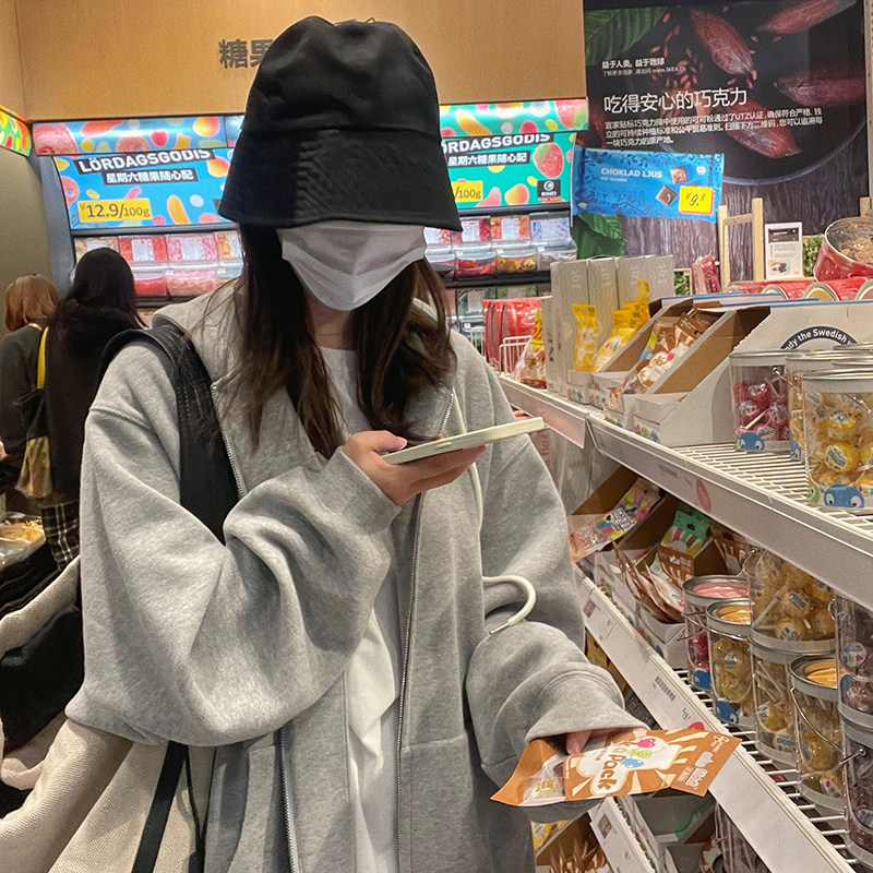 速发灰色overisze大码开衫连帽卫衣薄早秋宽松拉链潮款外套