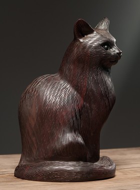 速发黑居木雕猫摆件波斯猫动物猫雕刻工艺设家檀客厅装饰摆品创意