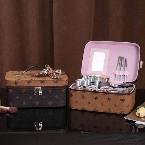 化妆包欧美风高级感便携大容量收纳包旅行手提伴手礼化妆箱带镜子