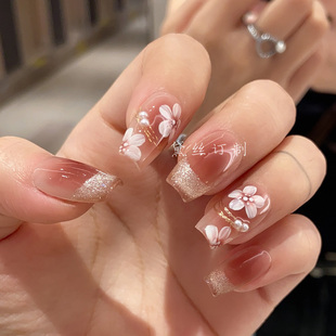 迷雾花园纯手工穿戴甲定制短款可爱猫眼晕染花卉美甲指甲贴片高级