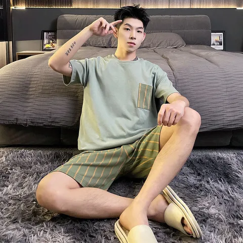 夏季短袖棉质睡衣青年薄款可外穿家居服套装男休闲夏天套装