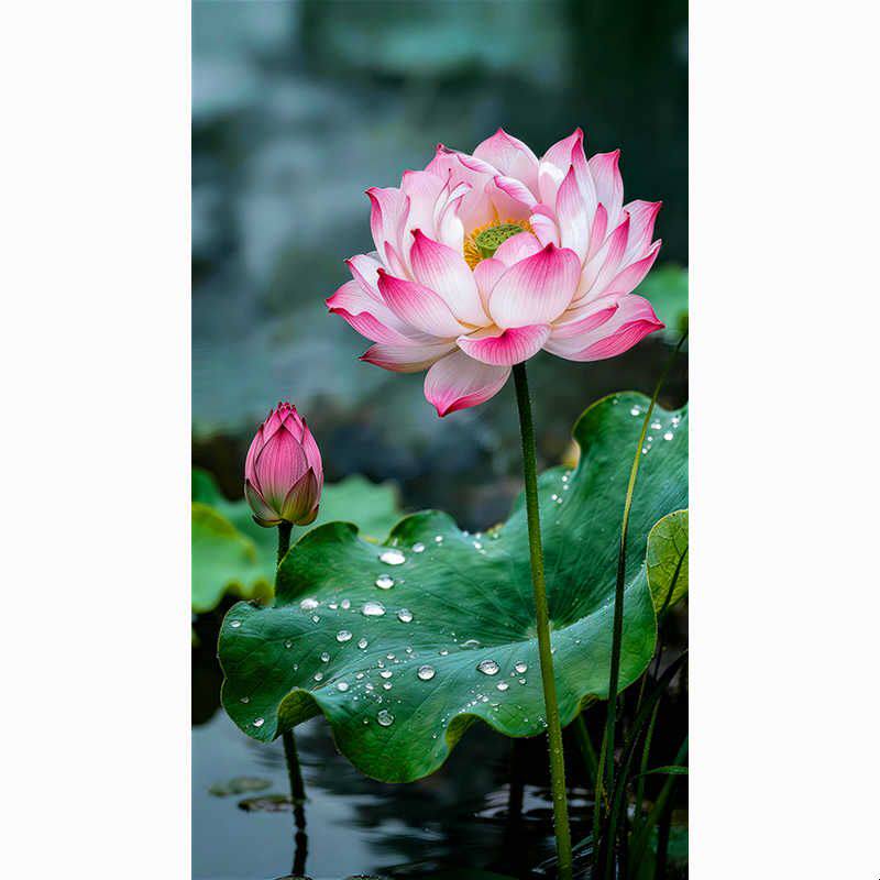 新中式玄关荷花装饰画卧室无框画贴纸自粘贴画粉色莲花壁画