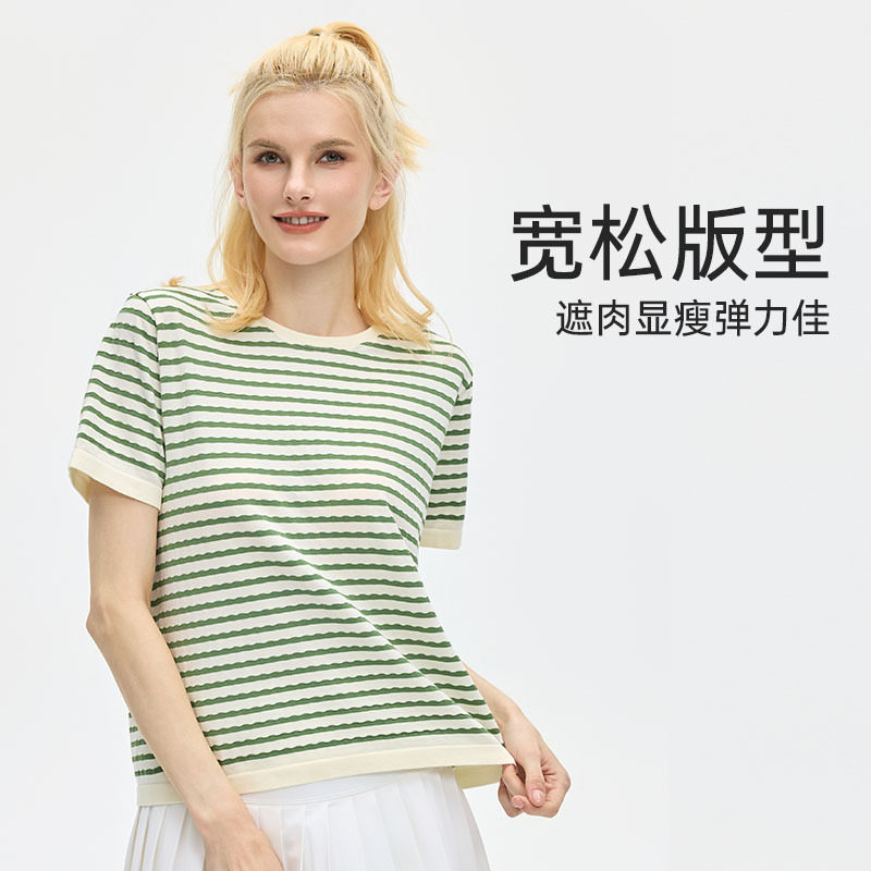 新款亚麻莫代尔运动T恤条纹撞色宽松短袖透气亲肤瑜伽健身