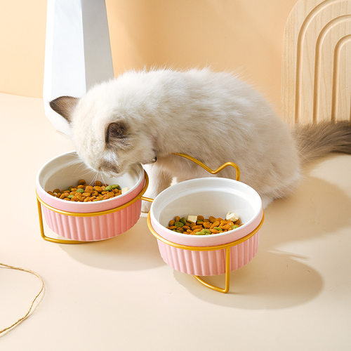 陶瓷猫碗双碗铁架斜口碗猫猫碗陶瓷黑铁架双碗宠物陶瓷碗陶瓷狗碗