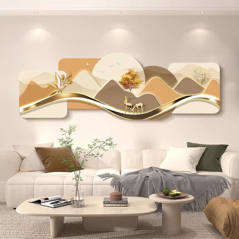 轻奢客厅金山金带装饰画带灯沙发背景墙麋鹿挂画办公室床头卧室壁