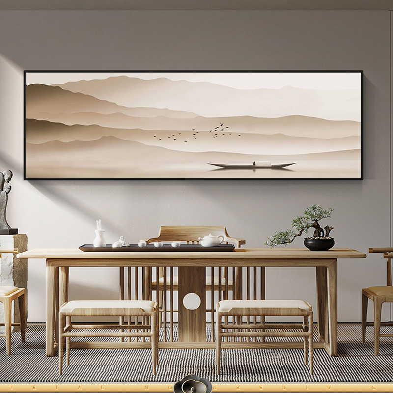 新中式黄色山水客厅沙发背景装饰画办公室风景茶室大气挂画水墨壁