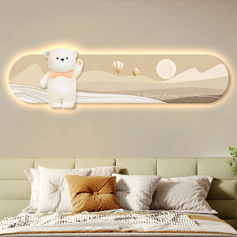 奶油风卧室装饰画熊仔儿童房床头带灯挂画女孩高级感客厅房间壁画,家居饰品,现代装饰画,淘宝优惠券,粉丝福利购,淘宝优惠卷