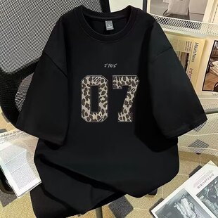 字母印花短袖t恤男夏季黑色300斤潮牌oversize宽松大码半袖体恤衫