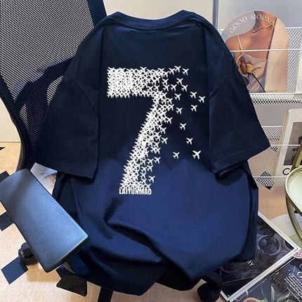 美式街头数字7印花纯棉短袖T恤男夏季oversize潮牌宽松休闲半截袖