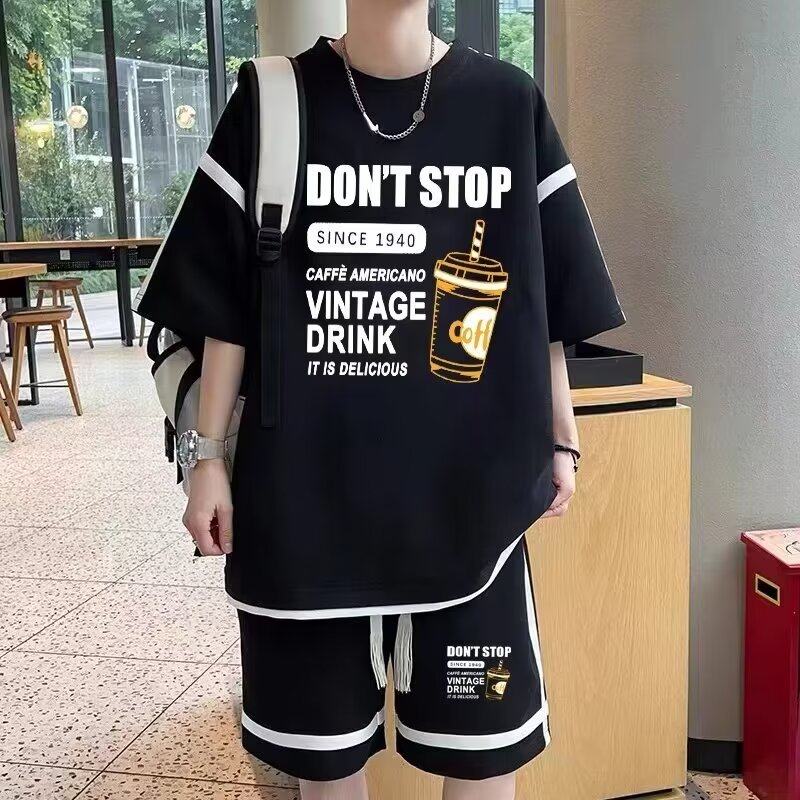华夫格休闲套装男生夏季薄潮牌港风宽松高级感短袖短裤运动两件套,男装,休闲运动套装,淘宝优惠券,粉丝福利购,淘宝优惠卷