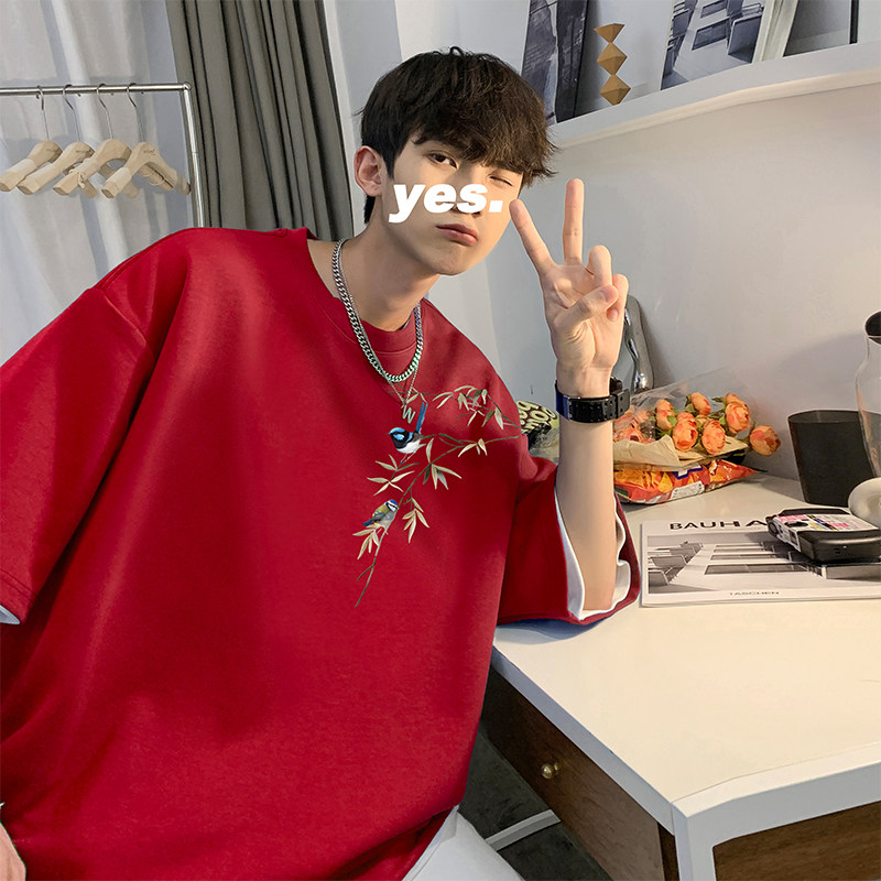 新中式短袖t恤男夏季新款图案印花设计感宽松百搭潮流圆领五分袖