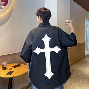 美式hiphop衬衫短袖男夏季十字架印花衬衣外套潮牌痞帅高级感男装