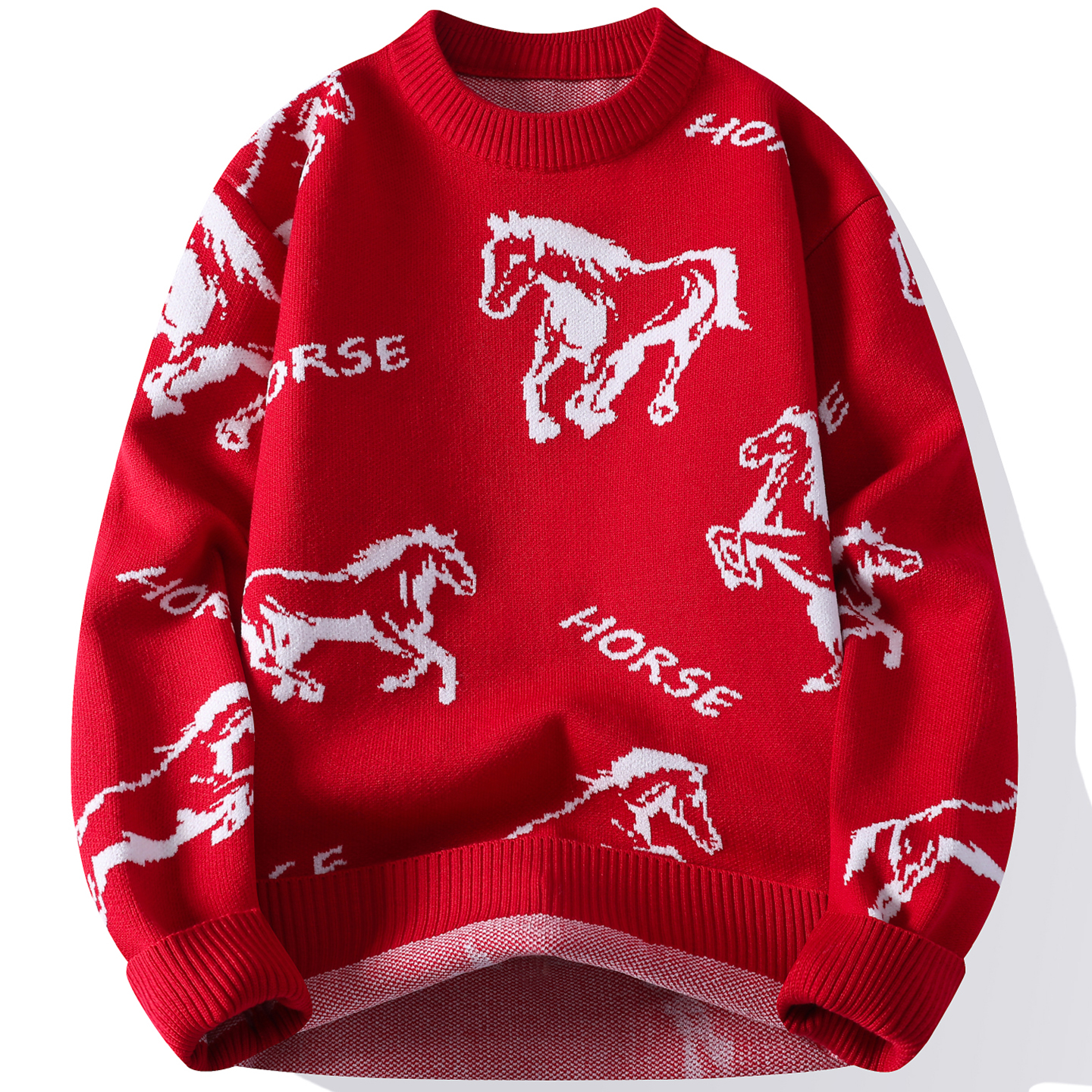 全棉纯棉红色本命年毛衣男秋冬款加厚圆领打底针织衫内搭马年衣服