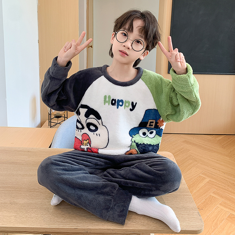 全棉纯棉秋冬季睡衣男孩珊瑚绒加厚加绒青少年法兰绒睡衣套装